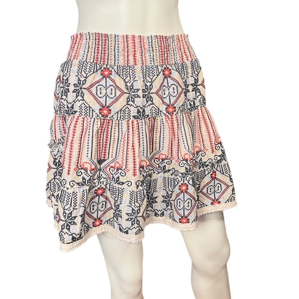 Dylan Boho White Red Embroidered Cotton Tiered Smocked Waist Mini Skirt Size XS